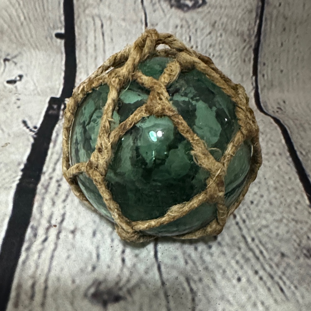 VTG 3.25” Green Glass Fishing Float with Rope Netting original -coastal rustic
